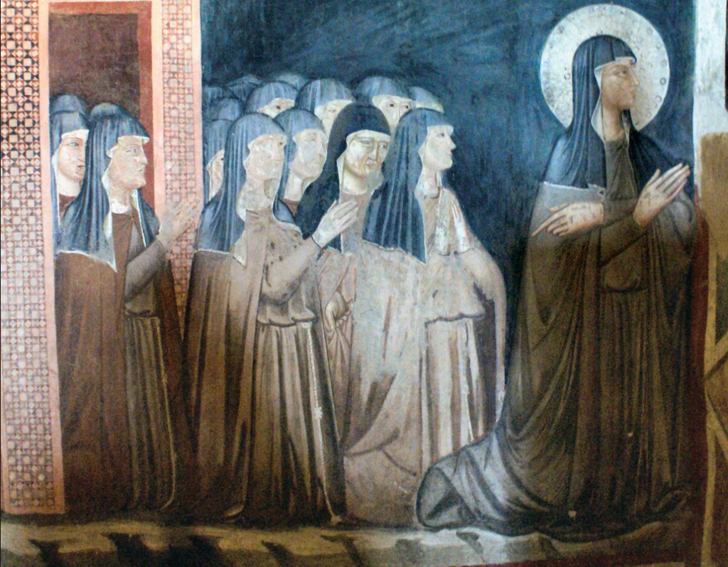 Santa Chiara d'Assisi con le monache del suo ordine (le Clarisse), affresco della chiesa di San Damiano, vicino ad Assisi, Italia. Gunnar Bach Pedersen