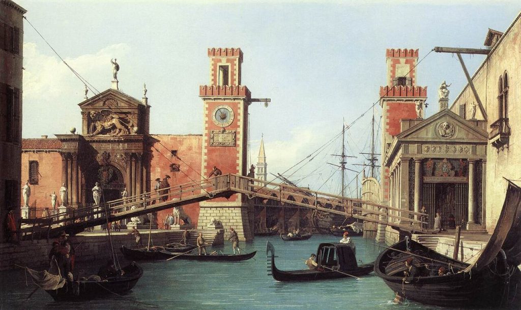 Veduta dell'ingresso dell'Arsenale Por Canaletto - Web Gallery of Art: Imagen Info sull'opera Transferido desde en.wikipedia a Commons. ((1)) —Dacxjo 17:47, 1 marzo 2006 (UTC), Dominio público, https://commons.wikimedia.org/w/index.php?curid=606582