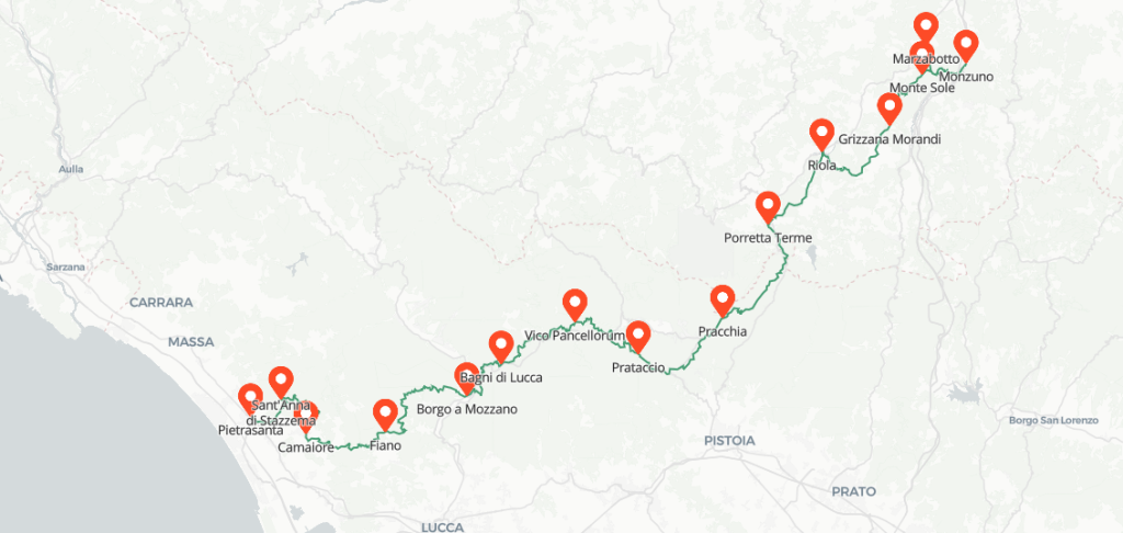 Il percorso del Cammino '44 con i diversi punti tappa.  Credito immagine: www.cammino44.it